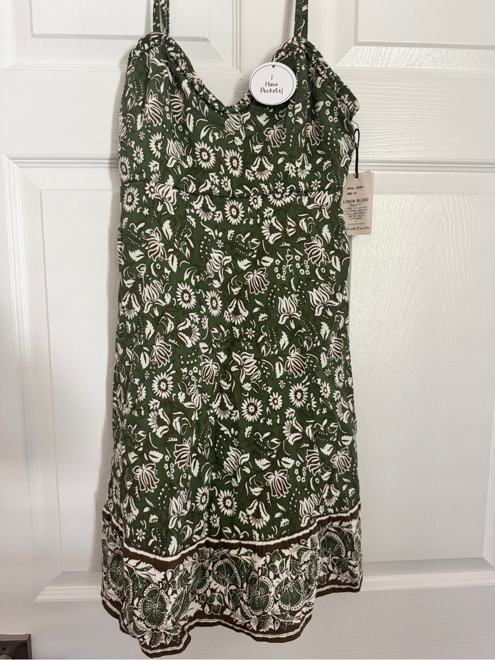 Floral Green Cotton Blend Midi Dress with Pockets